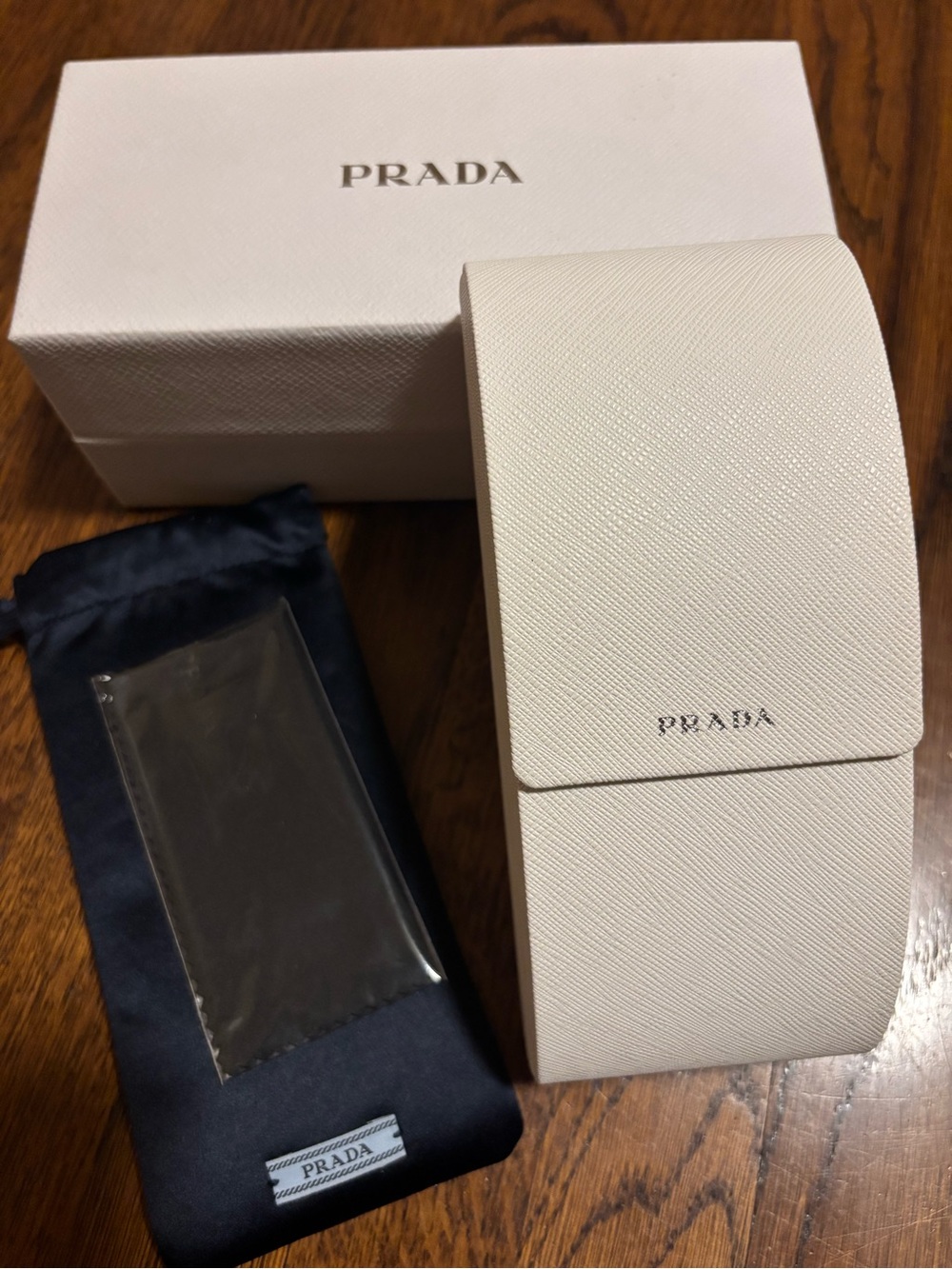 Prada White Saffiano Leather Eyewear Case with Navy Pouch